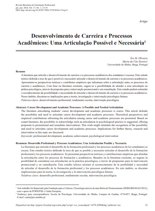 Desenvolvimento de Carreira e Processos Acadêmicos: Uma Articulação Possível e Necessária