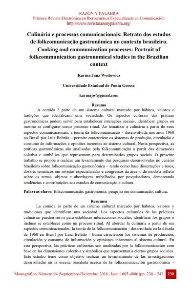 Culinária e processos comunicacionais: Retrato dos estudos de folkcomunicação gastronômica no contexto brasileiro.