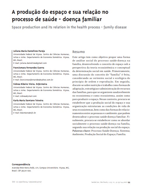 A produção do espaço e sua relação no processo de saúde - doença familiar