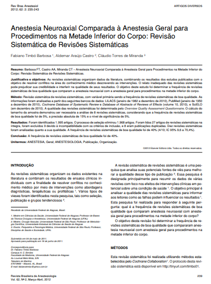 Anestesia neuroaxial comparada à anestesia geral para procedimentos na metade inferior do corpo: revisão sistemática de revisões sistemáticas