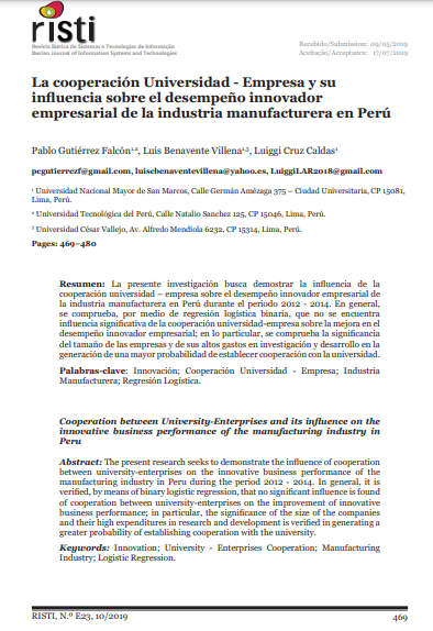 La cooperación universidad - empresa y su influencia sobre el desempeño innovador empresarial de la industria manufacturera