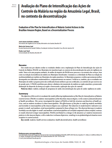 Avaliação do Plano de Intensificação das Ações de Controle da Malária na região da Amazônia Legal, Brasil, no contexto da descentralização