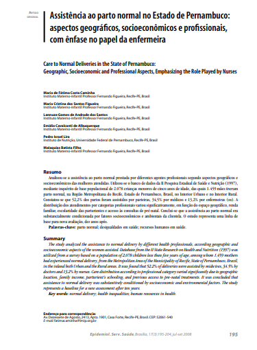 Assistência ao parto normal no Estado de Pernambuco: aspectos geográficos, socioeconômicos e profissionais, com ênfase no papel da enfermeira