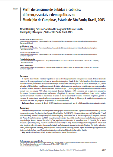 Perfil do consumo de bebidas alcoólicas: diferenças sociais e demográficas no Município de Campinas, Estado de São Paulo, Brasil, 2003