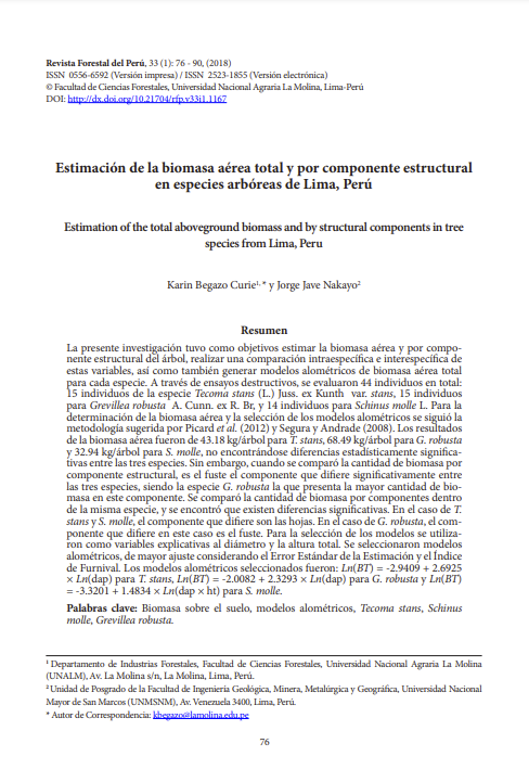 Estimación de la biomasa aérea total y por componente estructural en especies arbóreas de Lima, Perú