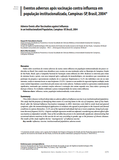 Eventos adversos após vacinação contra influenza em população institucionalizada, Campinas-SP, Brasil, 2004