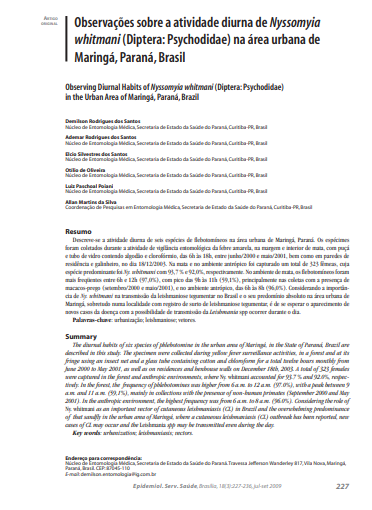 Observações sobre a atividade diurna de Nyssomyia whitmani (Diptera: Psychodidae) na área urbana de Maringá, Paraná, Brasil