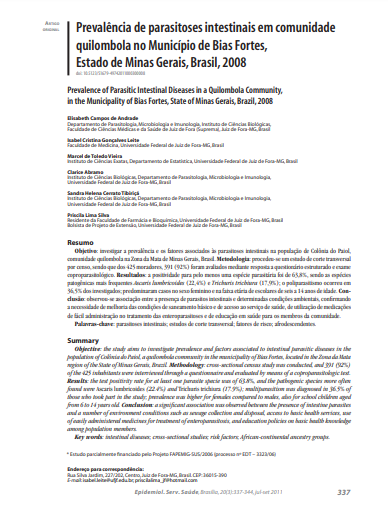 Prevalência de parasitoses intestinais em comunidade quilombola no Município de Bias Fortes, Estado de Minas Gerais, Brasil, 2008