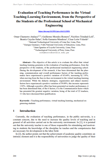 Evaluation of teaching performance in the virtual teaching-learning environment, from the perspective of the university students