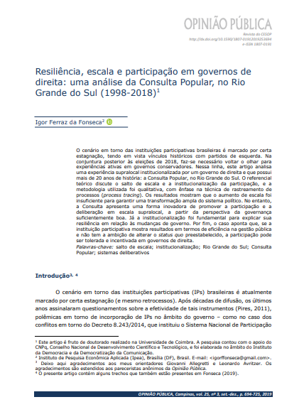 Resiliência, escala e participação em governos de direita: uma análise da Consulta Popular, no Rio Grande do Sul (1998-2018)