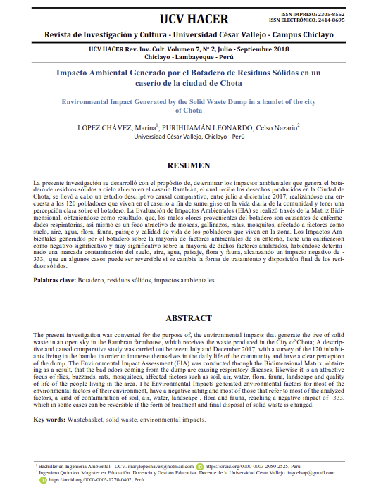 Impacto ambiental generado por el botadero de residuos sólidos en un caserío de la ciudad de Chota