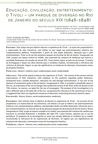 Educação, civilização, entretenimento: o Tivoli - um parque de diversão no Rio de Janeiro do século XIX (1846-1848)