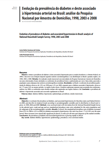 Evolução da prevalência do diabetes e deste associado à hipertensão arterial no Brasil: análise da Pesquisa Nacional por Amostra de Domicílios, 1998, 2003 e 2008