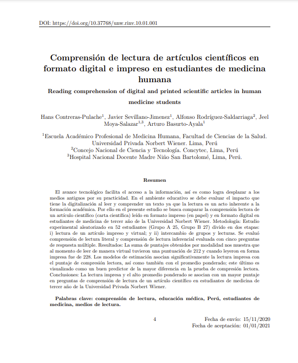 Comprensión de lectura de artículos científicos en formato virtual e impreso en estudiantes de medicina humana