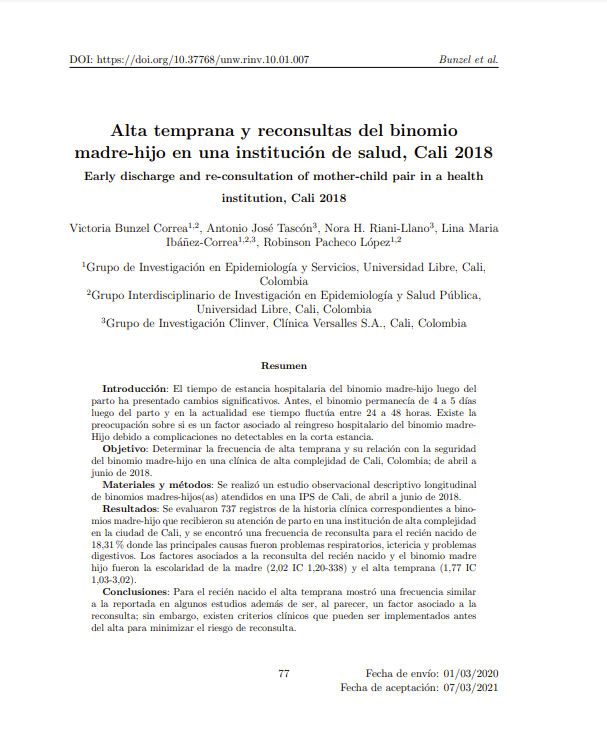 Alta temprana y reconsultas del binomio madre-hijo en una institución de salud, Cali 2018