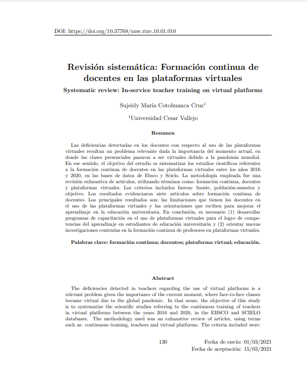 Revisión sistemática: Formación continua de docentes en las plataformas virtuales.
