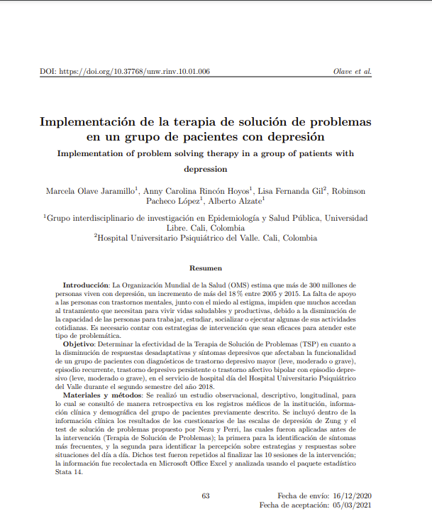 Implementación de la terapia de solución de problemas en un grupo de pacientes con depresión