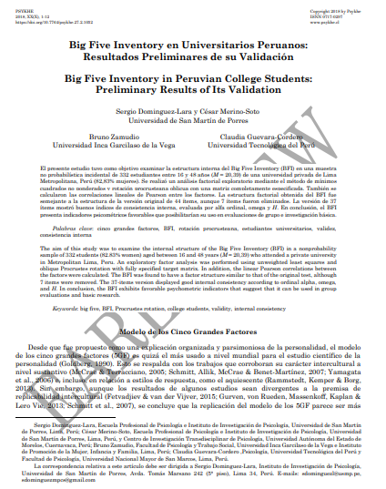 Big Five Inventory en universitarios peruanos: resultados preliminares de su validación