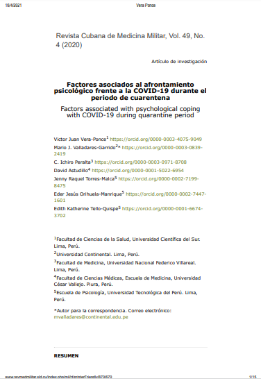 Factores asociados al afrontamiento psicológico frente a la COVID-19 durante el periodo de cuarentena