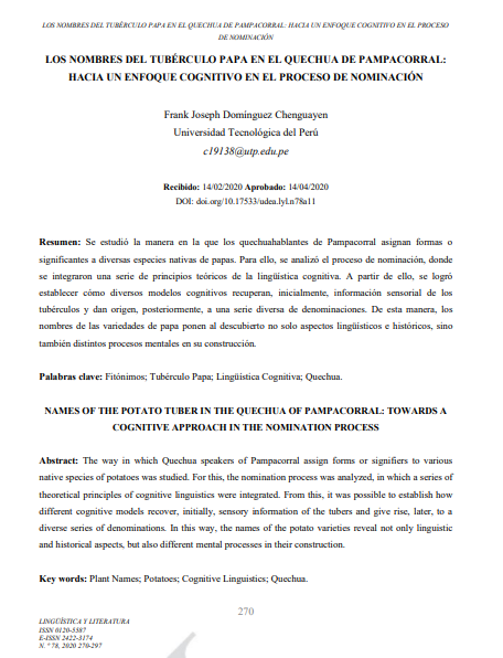 Los nombres del tubérculo papa en el quechua de pampacorral: hacia un enfoque cognitivo en el proceso de nominación