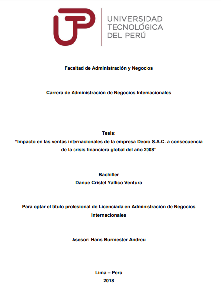 Impacto en las ventas internacionales de la empresa Deoro S.A.C. a consecuencia de la crisis financiera global del año 2008