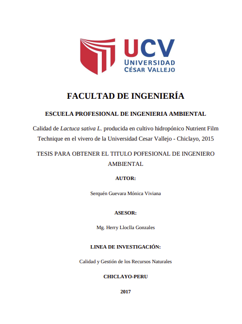 Calidad de Lactuca sativa L. producida en cultivo hidropónico Nutrient Film Technique