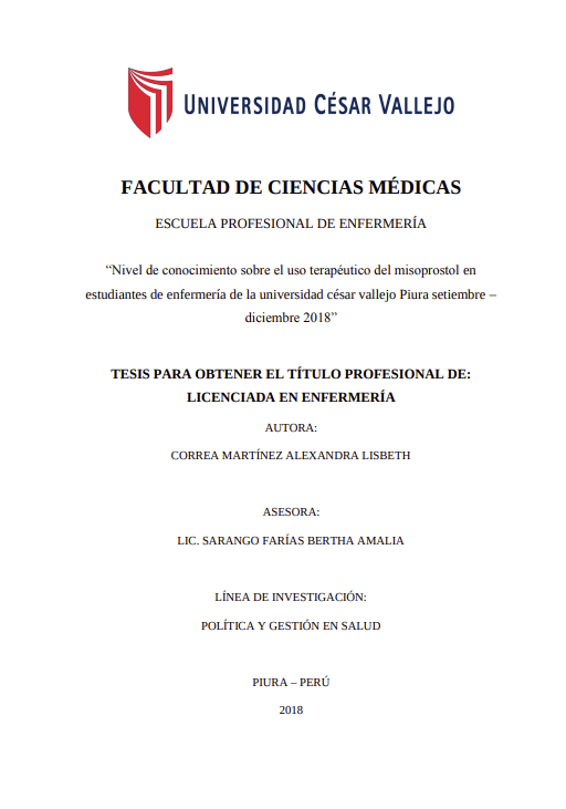 Nivel de conocimiento sobre el uso terapéutico del misoprostol en estudiantes de enfermería