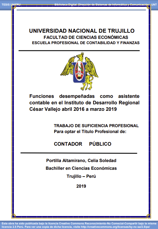 Funciones desempeñadas como asistente contable en el Instituto de Desarrollo Regional César Vallejo abril 2016 a marzo 2019