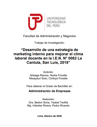 Desarrollo de una estrategia de marketing interno para mejorar el clima laboral docente en la I.E.N. N° 0082, San Luis, 2018