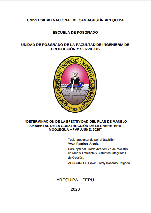 Determinación de la efectividad del plan de manejo ambiental de la construcción de la carretera Moquegua - Papujune, 2020