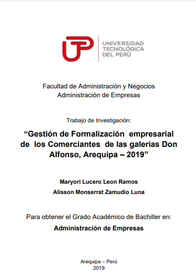 Gestión de formalización empresarial de los comerciantes de las galerías Don Alfonso, Arequipa - 2019