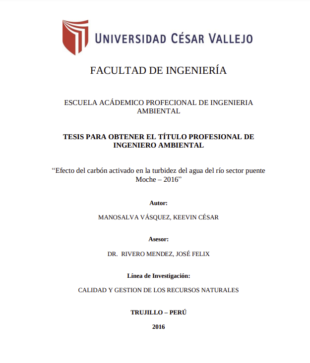 Efecto del carbón activado en la turbidez del agua del río sector puente Moche - 2016