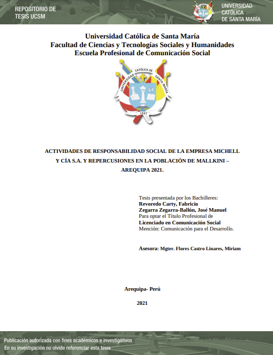 Actividades de responsabilidad social de la empresa Michell y Cia S.A. y repercusiones en la población de Mallkini - Arequipa 2021