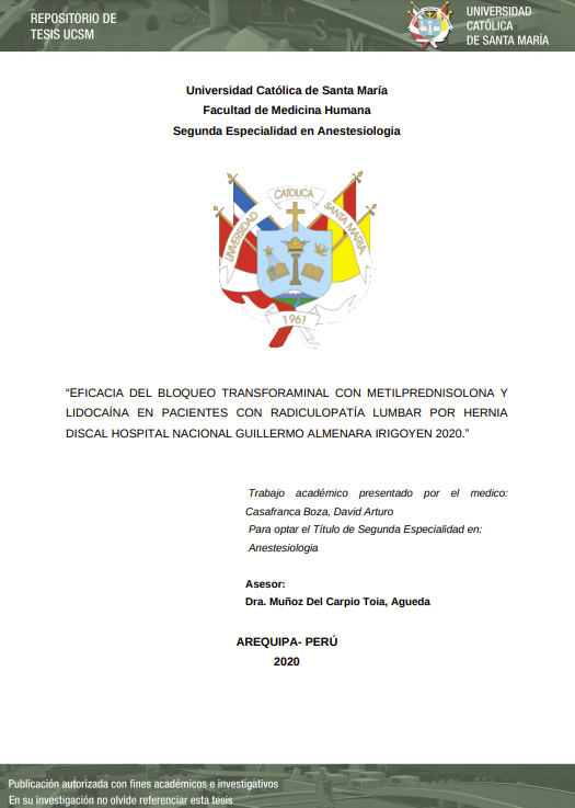 Eficacia del bloqueo transforaminal con metilprednisolona y lidocaína en pacientes con radiculopatía lumbar por hernia discal