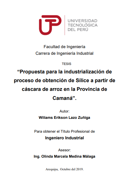 Propuesta para la industrialización de proceso de obtención de sílice a partir de cáscara de arroz en Camaná