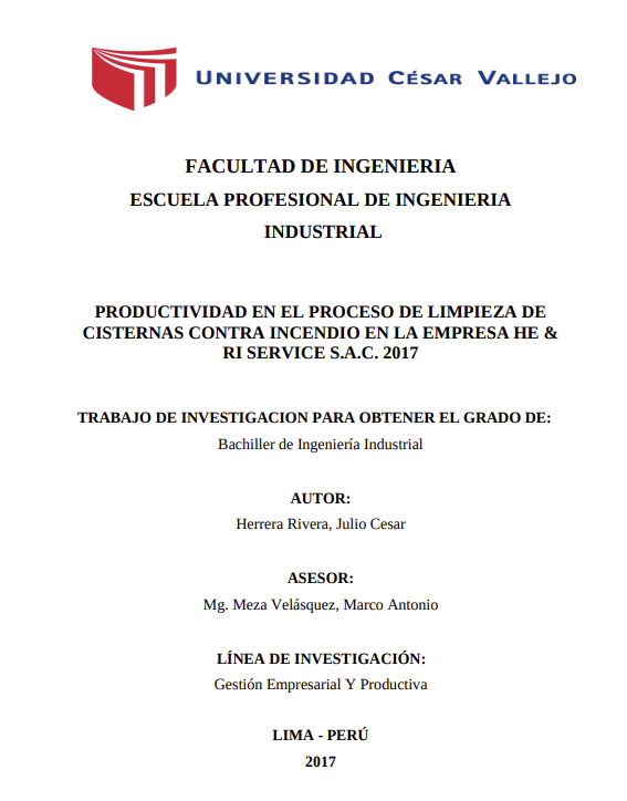 Productividad en el proceso de limpieza de cisternas contra incendio en la Empresa HE &amp; RI Service S.A.C. 2017