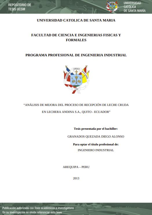 ANÁLISIS DE MEJORA DEL PROCESO DE RECEPCIÓN DE LECHE CRUDA EN LECHERA ANDINA S.A., QUITO - ECUADOR