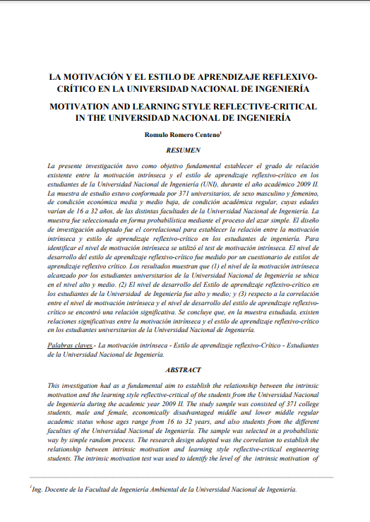 LA MOTIVACIÓN Y EL ESTILO DE APRENDIZAJE REFLEXIVO- CRÍTICO EN LA UNIVERSIDAD NACIONAL DE INGENIERÍA