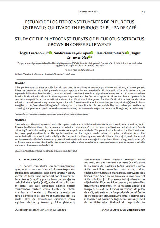 Estudio de los fitoconstituyentes de Pleurotus Ostreatus cultivado en residuos de pulpa de café