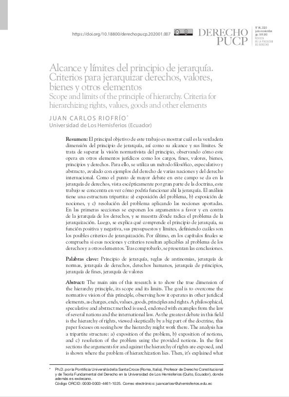 Alcance y límites del principio de jerarquía. Criterios para jerarquizar derechos, valores, bienes y otros elementos