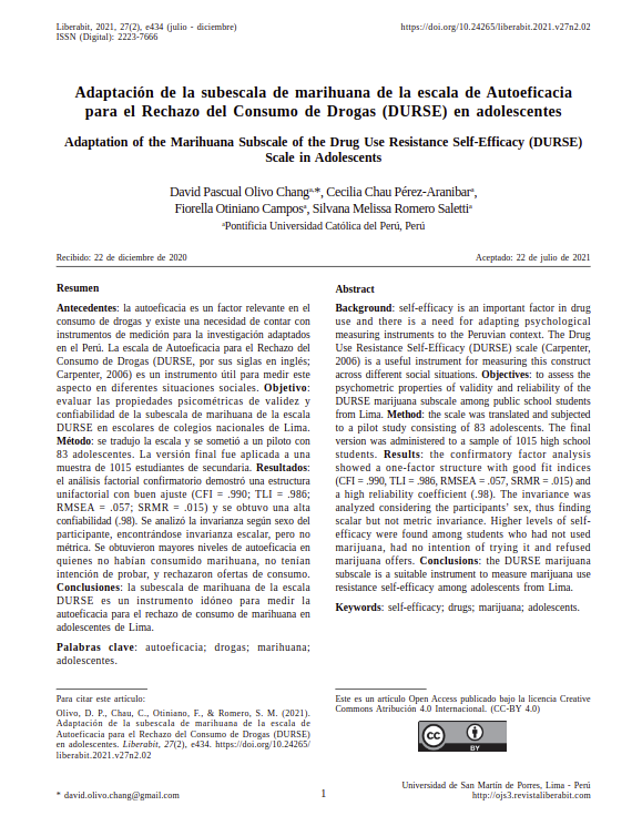 Adaptación de la subescala de marihuana de la escala de Autoeficacia para el Rechazo del Consumo de Drogas