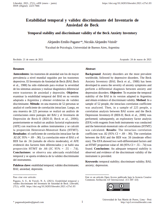 Estabilidad temporal y validez discriminante del Inventario de Ansiedad de Beck
