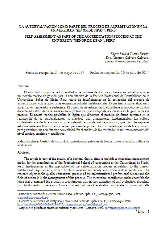 LA AUTOEVALUACIÓN COMO PARTE DEL PROCESO DE ACREDITACIÓN EN LA UNIVERSIDAD &quot;SEÑOR DE SIPÁN&quot;, PERÚ