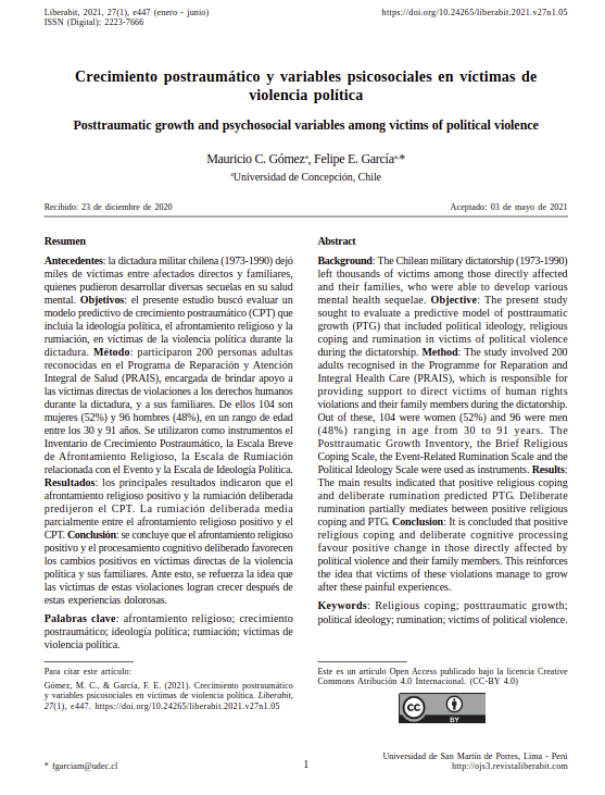 Crecimiento postraumático y variables psicosociales en víctimas de violencia política