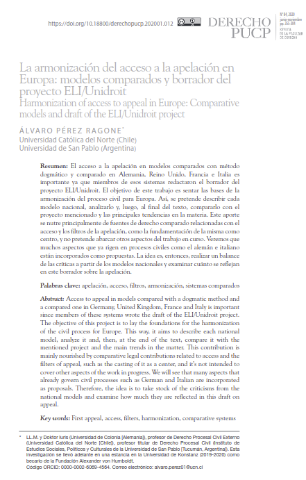 La armonización del acceso a la apelación en Europa: modelos comparados y borrador del proyecto ELI/Unidroit