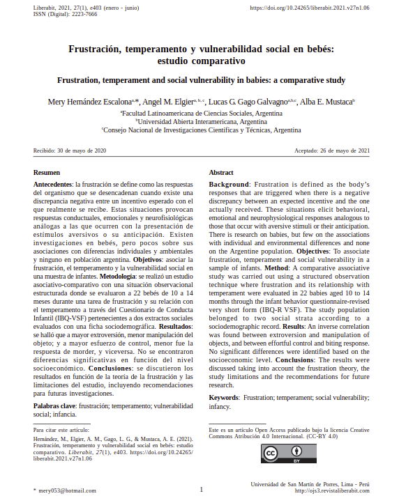 Frustración, temperamento y vulnerabilidad social en bebés: estudio comparativo