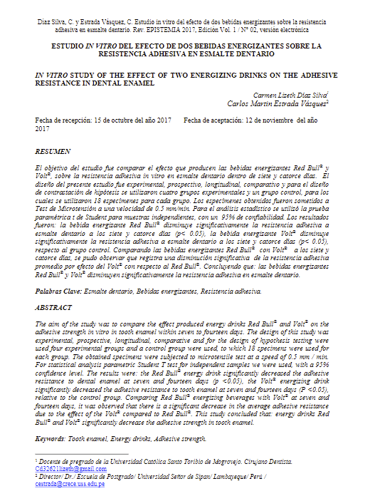 ESTUDIO IN VITRO DEL EFECTO DE DOS BEBIDAS ENERGIZANTES SOBRE LA RESISTENCIA ADHESIVA EN ESMALTE DENTARIO
