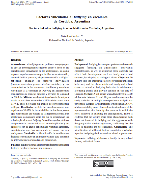 Factores vinculados al bullying en escolares de Córdoba, Argentina