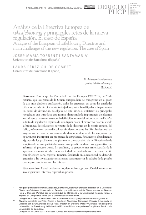 Análisis de la Directiva Europea de whistleblowing y principales retos de la nueva regulación