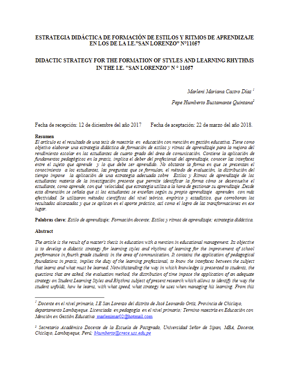 ESTRATEGIA DIDÁCTICA DE FORMACIÓN DE ESTILOS Y RITMOS DE APRENDIZAJE EN LOS DE LA I.E.&quot;SAN LORENZO&quot; N°11057